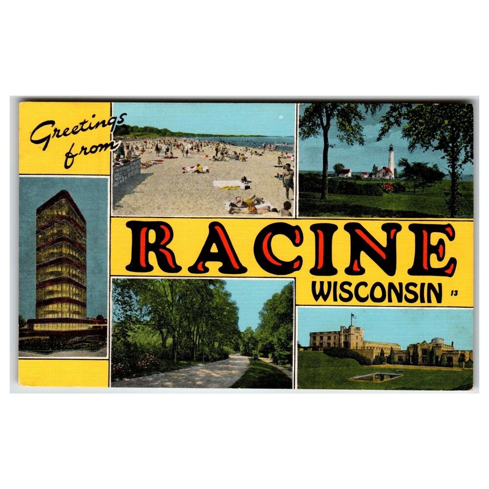 Racine Wisconsin Multi-View Postcard - Johnson Wax, Lighthouse, Beach, Park